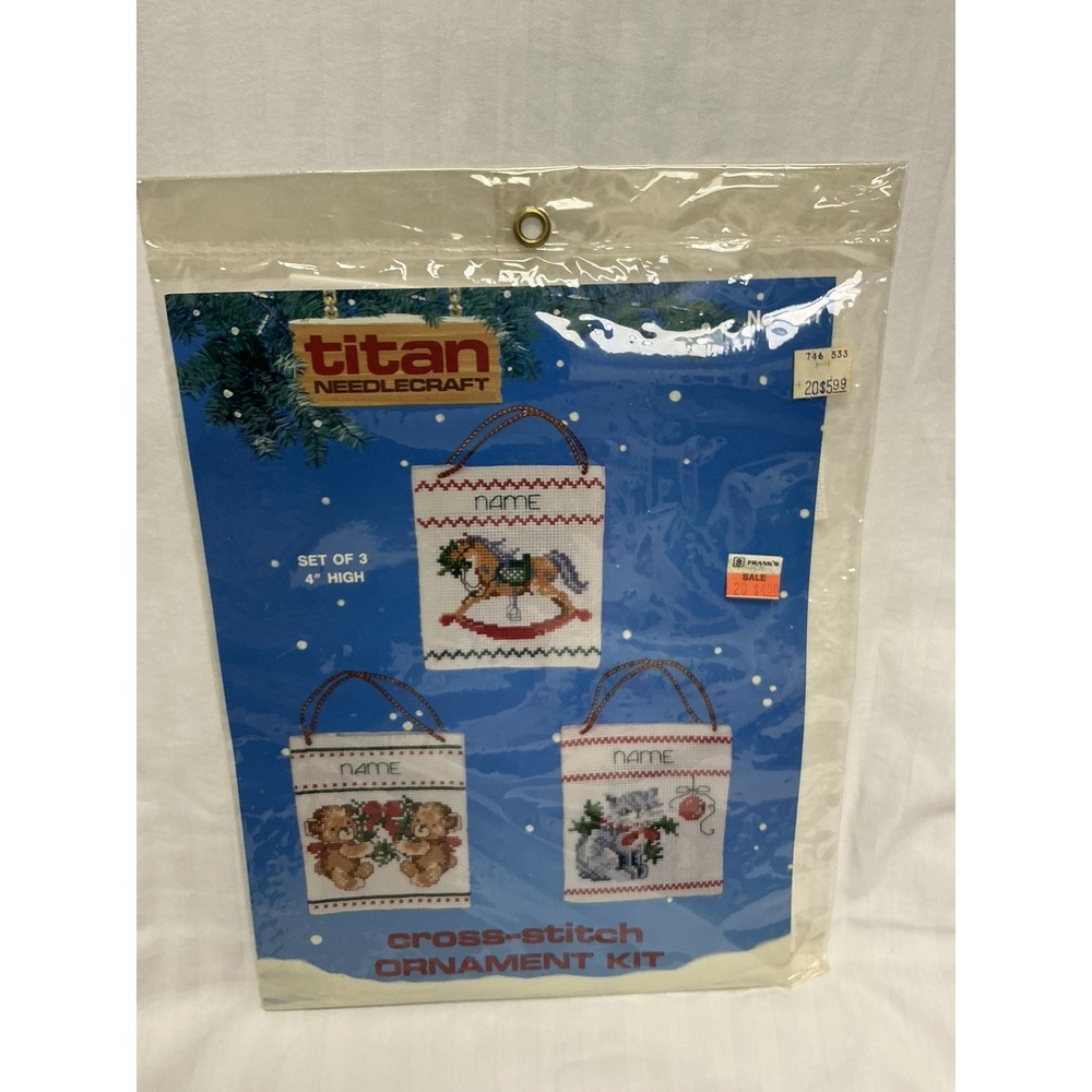 1987 Titan Needlecraft Cross-Stitch Ornament Kit #721 Set of 3 Christmas 4" NEW